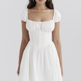 Nala White Cotton Gathered Mini Dress - Image 5