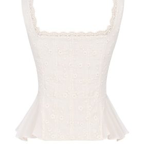 Jean Vintage Cream Cotton Broderie Anglais Peplum Top - Image 4