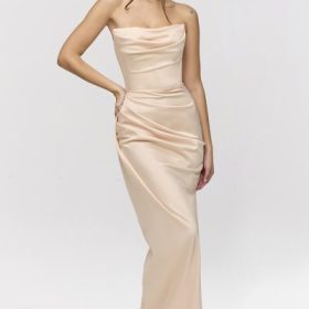 Adrienne Champagne Satin Strapless Gown - Image 5