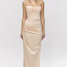 Adrienne Champagne Satin Strapless Gown - Image 6