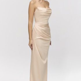Adrienne Champagne Satin Strapless Gown - Image 8